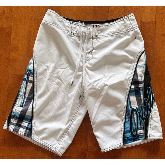O'Neill Swim Oneill Board Shorts White Striped Lined Swim Trunks 28